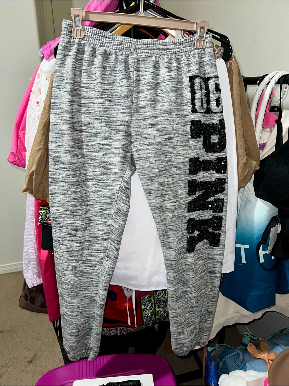 Vintage PINK Victoria's Secret Gray Marled Sequin Bling Logo Hoodie & Jogger Set - Picture 2 of 16
